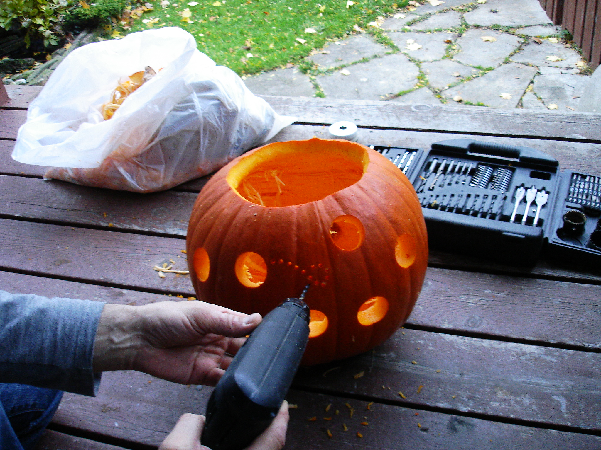 pumpkin with drilled holes, pumpkin mouse house, power tool pumpkin DIY