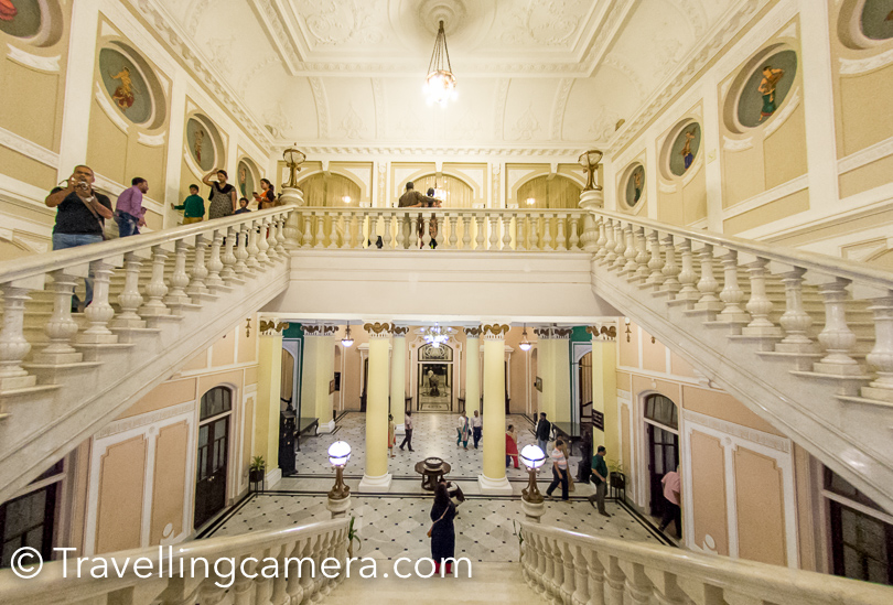 These stairways of Lalitha Lahal are made up of Italian marble.     A swimming pool is now an additional provision in Lalitha Palace which was not there earlier. The elevator, carpeting and the Ottoman, upholstered with tapestry are treasured items in the palace. Don't miss last photograph of the post which shows elevator at Lalitha Palace. 