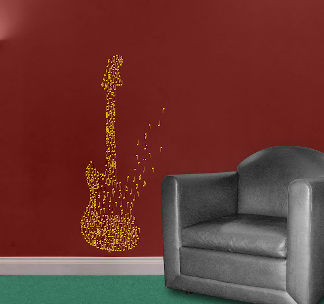 This cheap and affordable Fender guitar wall art sticker made of musical notes and symbols. Elegant contempary design for guitar lovers to impress boyfriends, girlfriends, husbands and brothers.