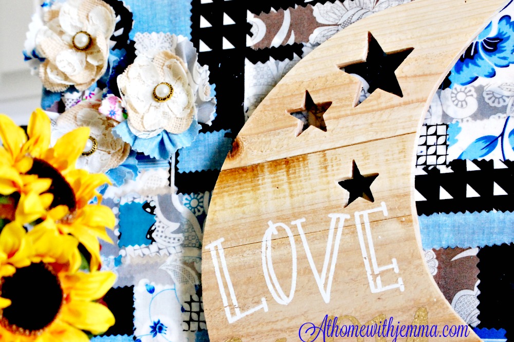 wooden moon, burlap and lace bow, fabric, DIY