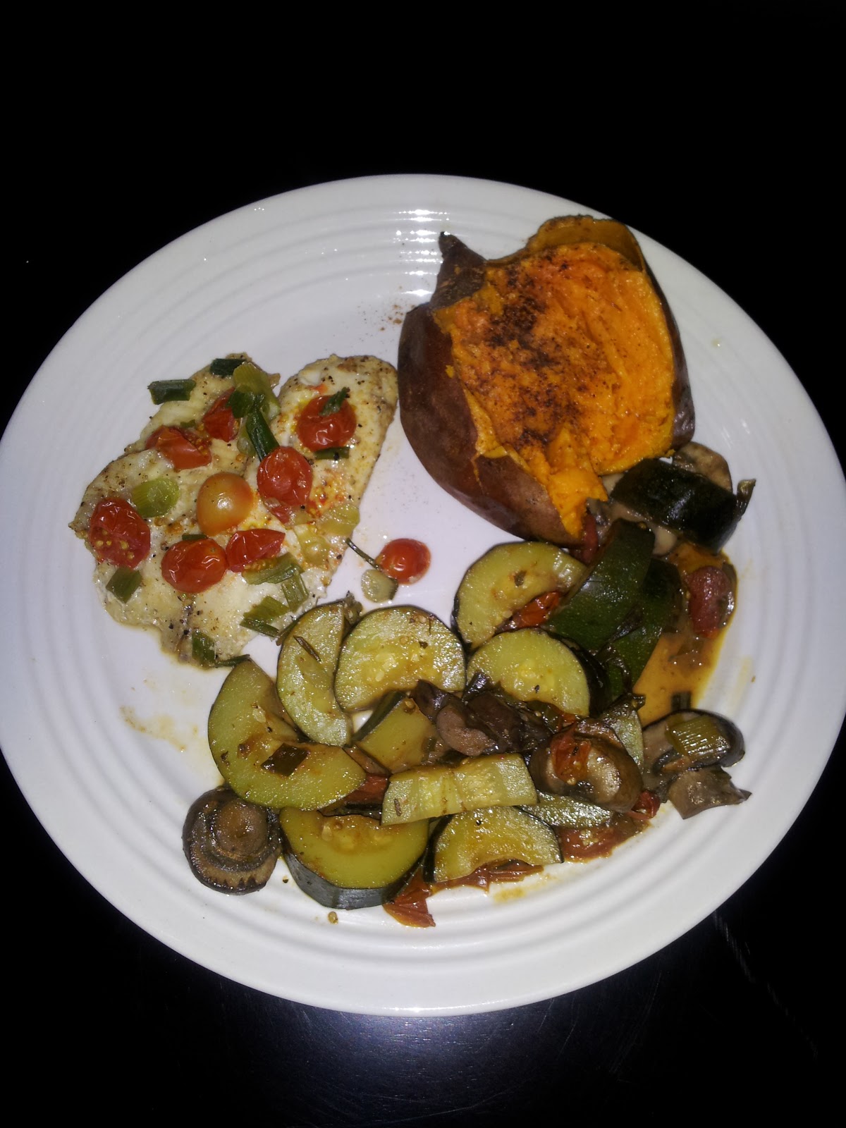 Curds 'n' Weigh Baked tilapia with cherry tomatoes and sauteed zucchini