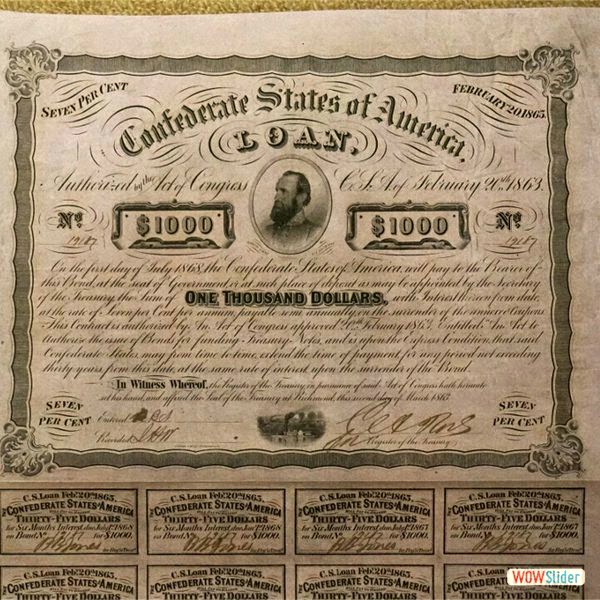 Confederate States Bond of 1863 depicting General Stonewall Jackson