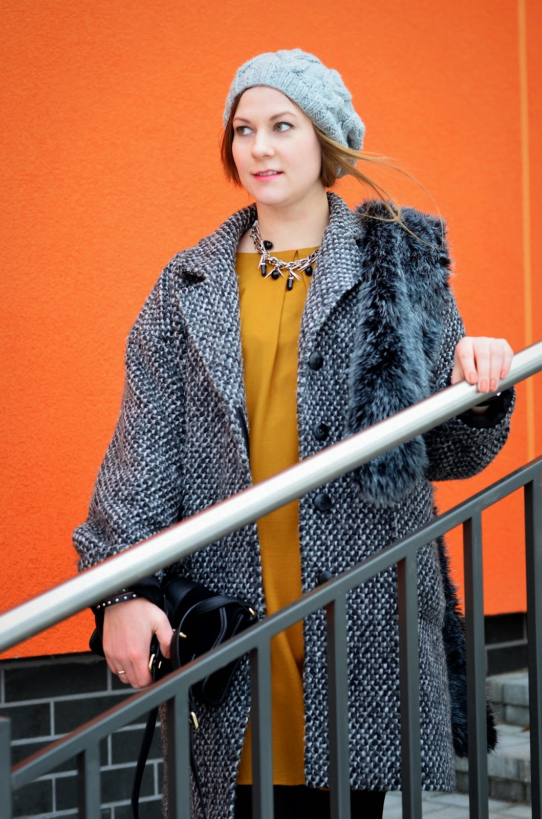gray and mustard outfit