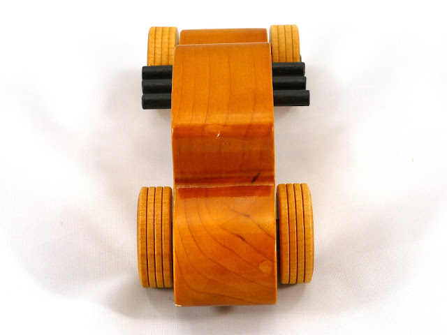 Rear Top - Wooden Toy Car - Hot Rod Freaky Ford - 27 T Coupe - Pine - Amber Shellac - Black Hubs