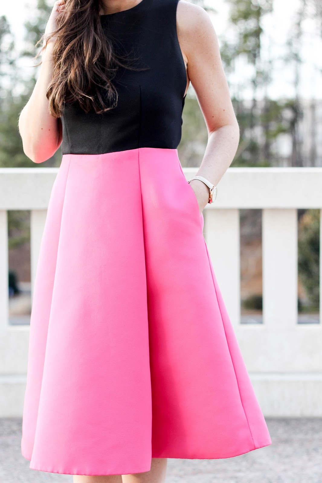 Kate Spade Bow back colorblock dress, Rent the Runway Valentine's dress, Rent the Runway wedding dress idea, NC Fashion Blogger, Stella Dot earrings, fossil tan leather watch with rose gold face, pretty in the pines blog