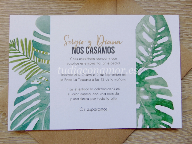 Invitaciones sencillas y modernas Invitaciones de boda sencillas y modernas. Diseño actual con flores tropicales pintadas en acuarela.