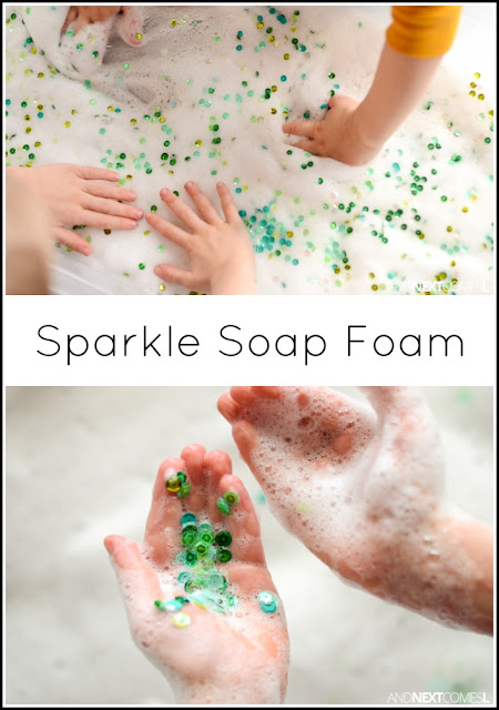 Sparkle soap foam sensory bin for kids from And Next Comes L