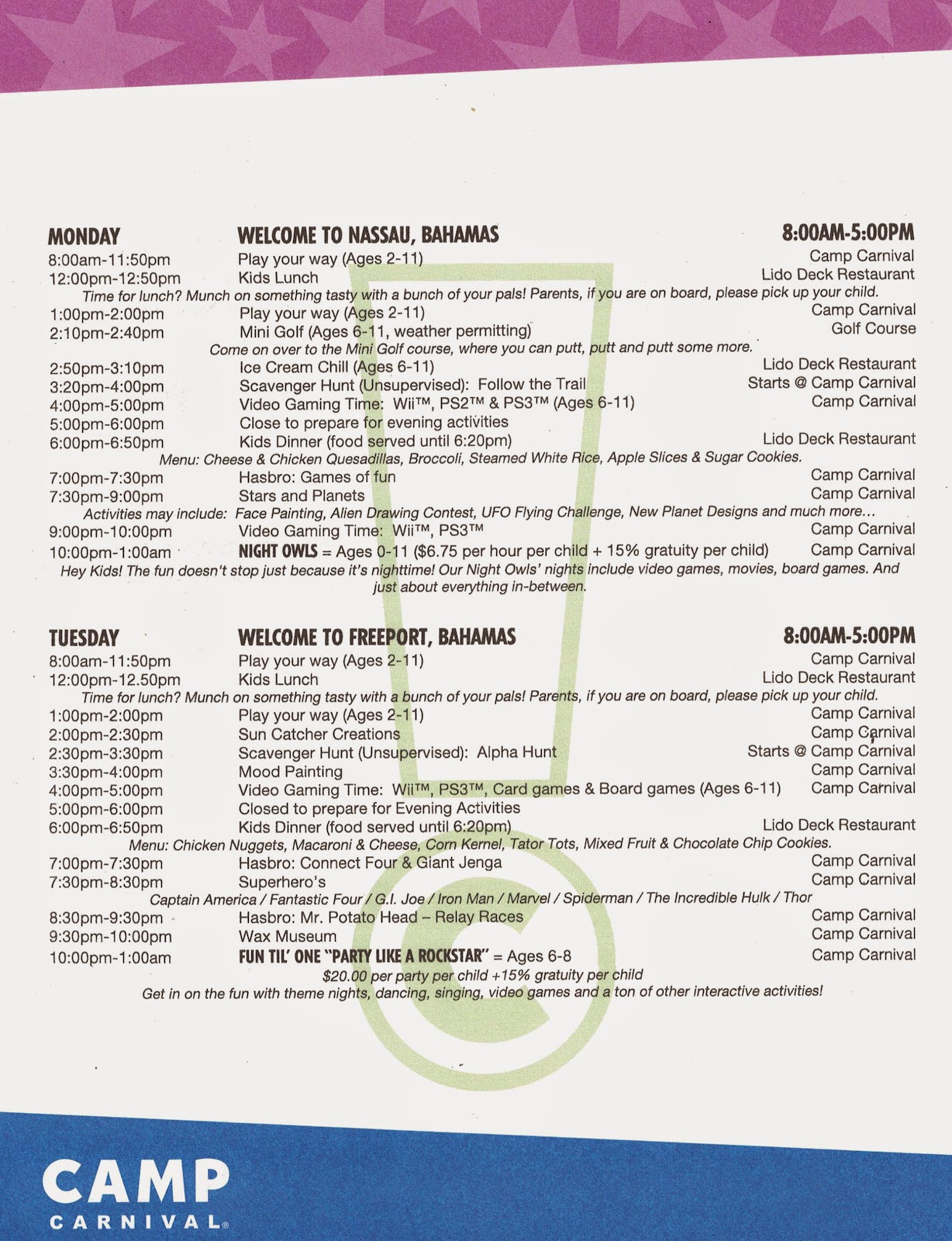 Carnival Cruise Lines Camp Carnival Schedules for ages 25, 68, and 9