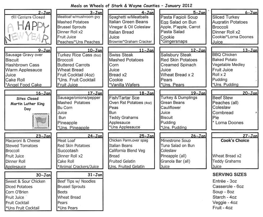 Meals On Wheels of Stark & Wayne Counties Barbecued Chicken, Pasta Fagioli Soup, Chicken
