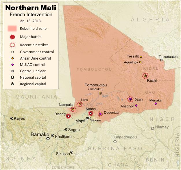 Updated map of fighting and territorial control in Mali during the January 2013 French intervention against the Islamist forces of Ansar Dine and MUJAO. Reflects the Jan. 18 recapture of Konna and Diabaly towns by French and Malian forces.