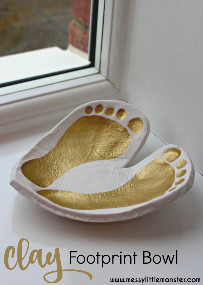 Learn how to make a clay footprint bowl keepsake using our easy diy instructions. Use baby or toddler footprints and air dry clay to make a heart ring dish craft to treasure. An easy homemade gift idea for parents or grandparents.