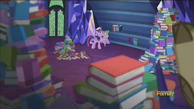 Twilight and Spike prepare to reshelve the library