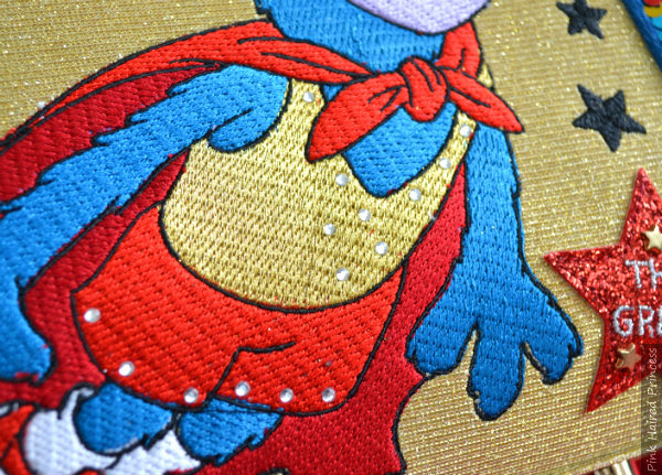 Irregular Choice Muppets Daredevil bag gems on Gonzo close up of gems on embroidered Gonzo on handbag