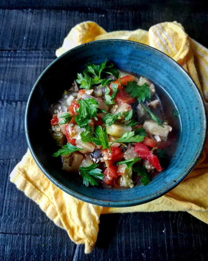 Mango & Tomato Summer Eggplant, Zucchini & Pepper In A Pressure Cooker
