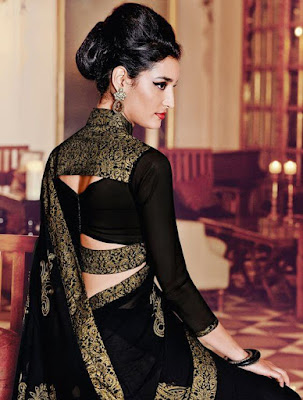 Beautiful Indian Model Girl In Black Georgette Embroidered Saree.