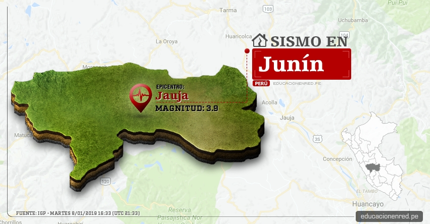Temblor en Junín de Magnitud 3.9 (Hoy Martes 8 Enero 2019) Sismo Epicentro Jauja - La Merced - Villa Rica - Oxapampa - Yanahuanca - IGP - www.igp.gob.pe Temblor en Junín de Magnitud 3.9 (Hoy Martes 8 Enero 2019) Sismo Epicentro Jauja - La Merced - Villa Rica - Oxapampa - Yanahuanca - IGP - www.igp.gob.pe