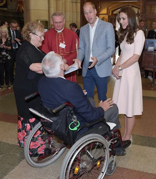 Prince William and Kate Middleton visited Truro Cathedral and Zebs Youth Centre as part of their day-long tour of Cornwall, Kate wore Lela Rose elbow sleeve dress, L.K. Bennett Natalie Clutch, and Monsoon Fleur wedges