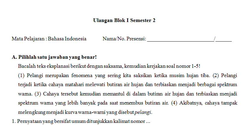 Contoh soal ujian Bahasa Indonesia