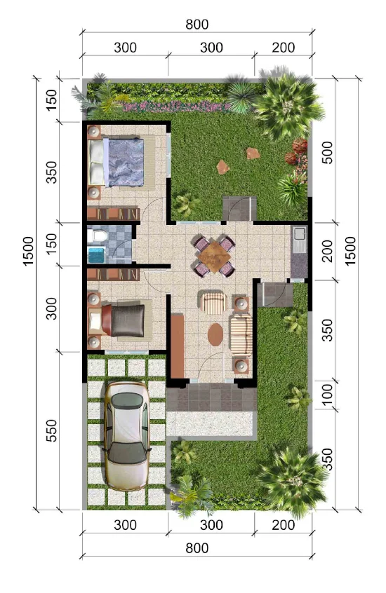 Lingkar Warna 4 Denah Rumah Minimalis Ukuran 8x15 Meter 2 Kamar Tidur 1 Lantai Tampak Depan