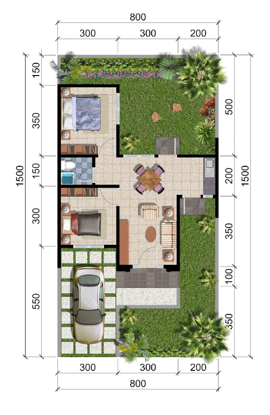 Denah rumah minimalis  ukuran 8x15 meter 2 kamar tidur 1 