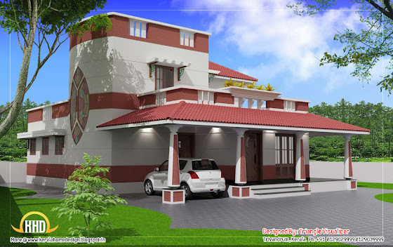 Traditional blend modern house elevation 3D render - 186 Sq M (2000 Sq. Ft) - February 2012