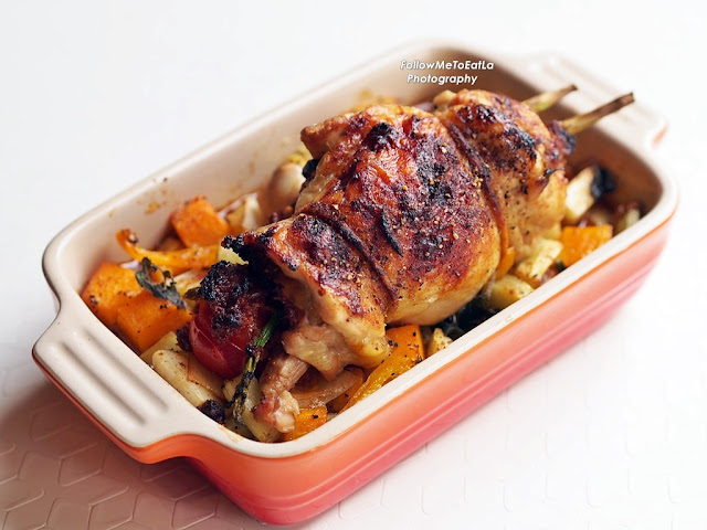 Roasted Stuffed Chicken with Sun Dried Tomato Pesto & Seasonal Root Vegetables