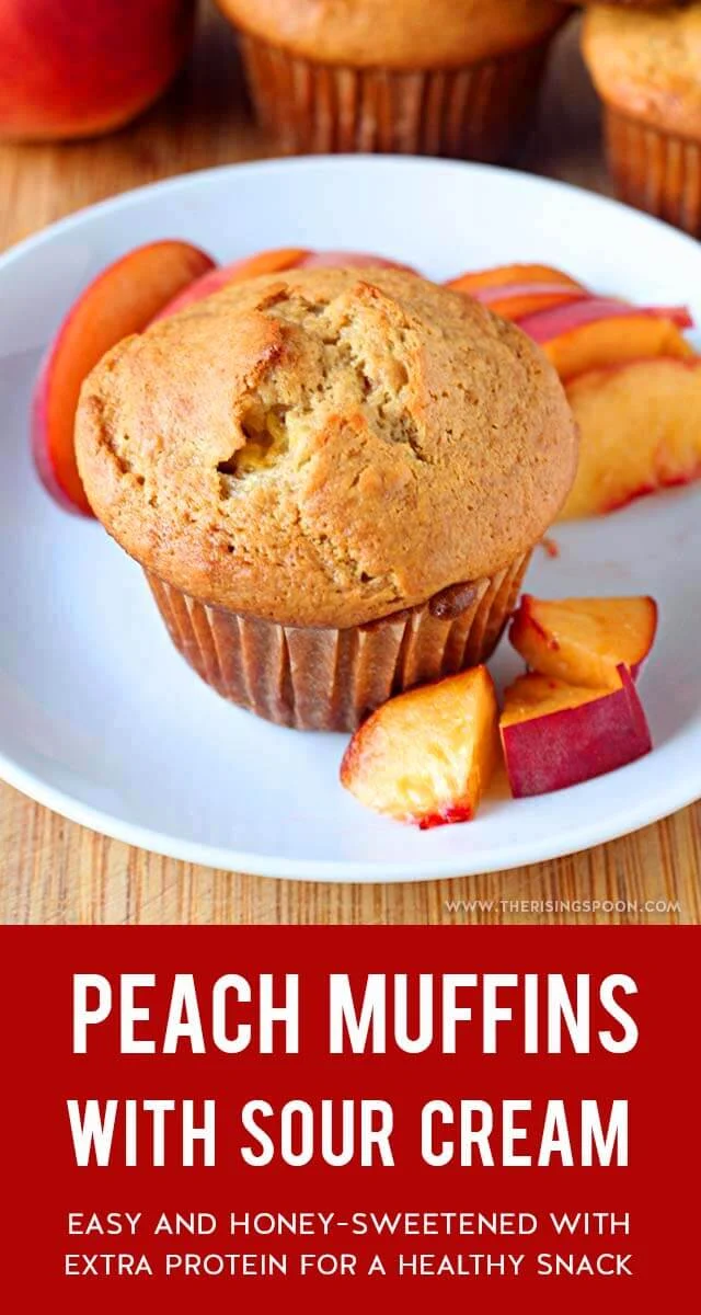 A light & creamy peach muffin recipe made with fresh peaches, sour cream, honey, and einkorn wheat flour. These peaches and cream muffins freeze well, have a good amount of protein, and make a yummy breakfast, snack or dessert with a cup of hot tea or coffee!