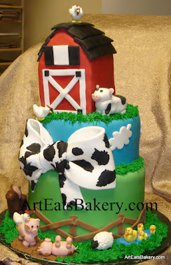 Two tier farm animals custom unique baby shower cake with barn, pigs, horse, ducks, sheep, cow and