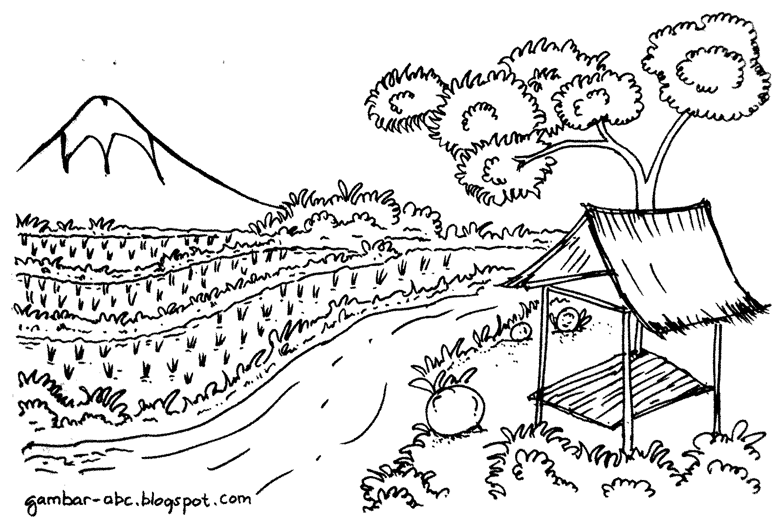 Pemandangan Gunung dan Sawah - Contoh Gambar Mewarnai