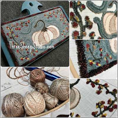 'Lumina with Bittersweet' punch needle, with long fringe edges, on hornbook by Rose Clay at ThreeSheepStudio.com 'Lumina with Bittersweet' punch needle, with long fringe edges, on hornbook by Rose Clay at ThreeSheepStudio.com