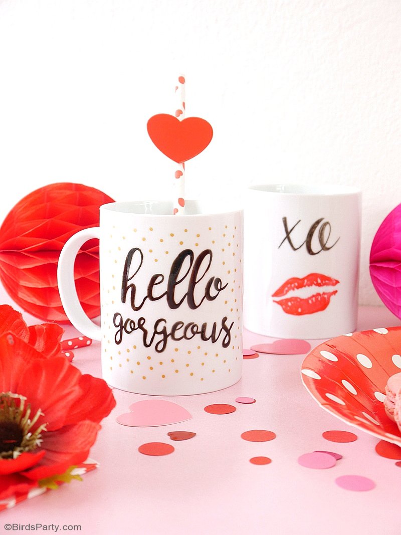 DIY Valentine's Day Easy Calligraphy Mugs - learn to craft these beautiful handmade gifts with printed calligraphy and a sharpie pen! by BirdsParty.com @birdsparty #diy #diycrafts #sharpiemugs #calligraphymugs #mugsdiy #valentinesday #valentinesdaycrafts