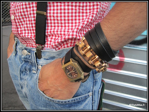 Franck Passerat bretelles DONDUP Milan Jean Topman chemise vichy rouge hommes H&M, bracelets H&M montre vintage Citizen Hommes, bracelet métal Balenciaga