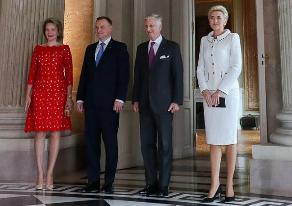 Queen Mathilde wore Natan lace dress from spring summer 2018 collection. First Lady Agata Kornhauser-Duda