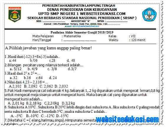 Soal Pas Matematika Kelas 9 Semester 1 K 13