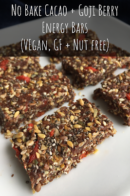 No Bake Cacao + Goji Berry Energy Bars (Vegan, Gluten Free + Nut Free)