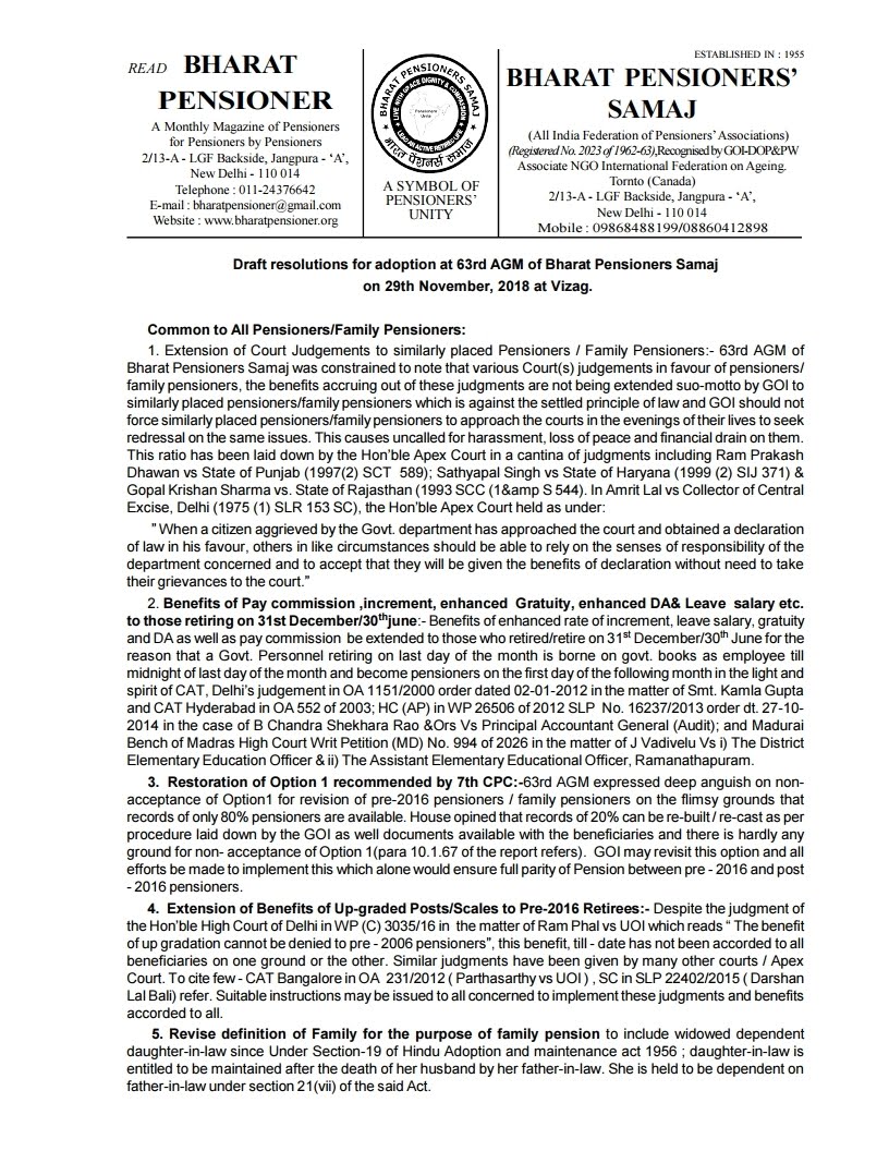 Draft resolutions for adoption at 63rd AGM of Bharat Pensioners Samaj