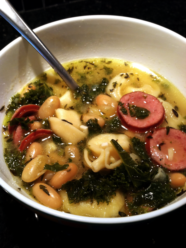 cheryl oz designs cheese tortellini soup with cannellini, kale + kielbasa