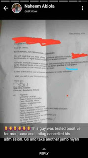 UNILAG Withdraws Admission For New Student Who Tested Positive To Cannabis
