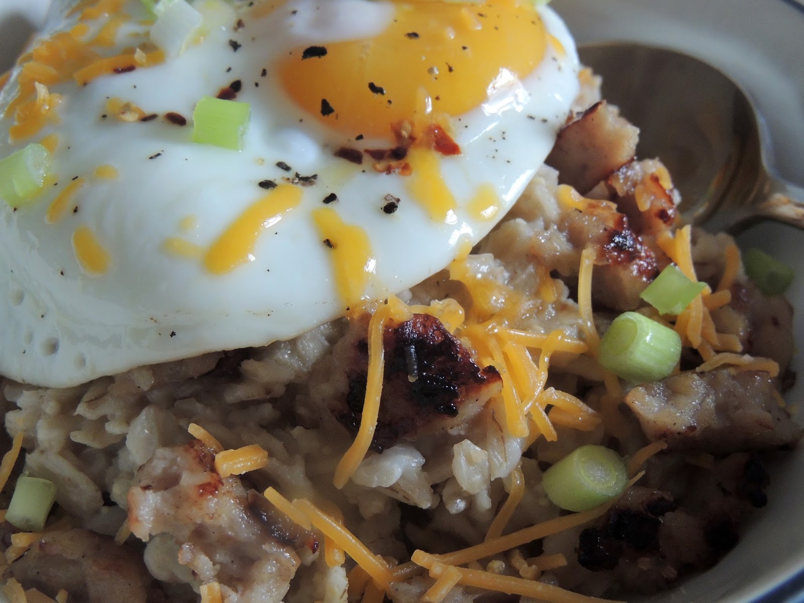 Gas Stove Girl Savory Oatmeal with Crispy Apple Sausage and Drippy Egg