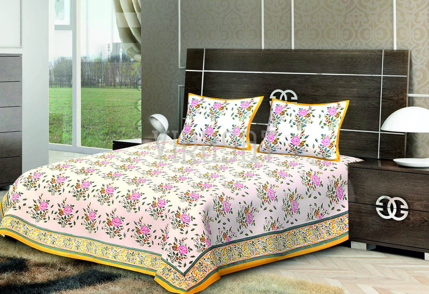Floral Yellow with white Double Bed Sheet Virasat India Heritage