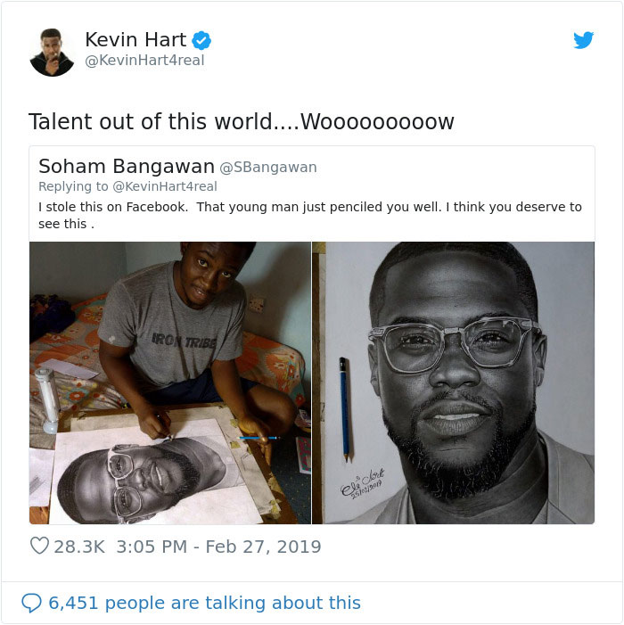 Kevin Hart Responded On Twitter To Talented Young Artist Who Drew An Incredibly Realistic Portrait Of Him