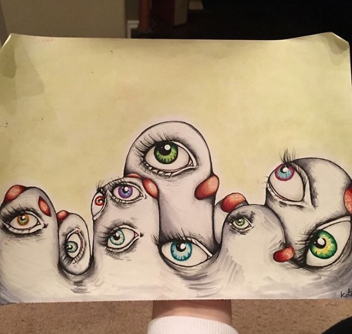 Here is an example of the disembodied eyes I see. They surface in a mounds or masses on my walls or floors. They warp and move. - I Was Diagnosed With Schizophrenia At The Age Of 17, So I Started Drawing My Hallucinations To Cope With It Here is an example of the disembodied eyes I see. They surface in a mounds or masses on my walls or floors. They warp and move. - I Was Diagnosed With Schizophrenia At The Age Of 17, So I Started Drawing My Hallucinations To Cope With It
