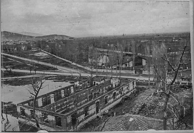Bitola - access roads to the city near the train station. The most bombarded location, where the traffic was conducted mainly at night. In the foreground, burned ammunition depot. On the right, the Train station and its outbuildings. January 1917
