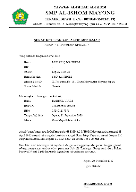 Contoh Surat Aktif Mengajar