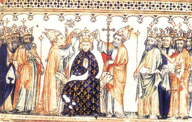 Μικρογραφία μεσαιωνικού χειρογράφου που δείχνει τη στέψη Γάλλου βασιλιά