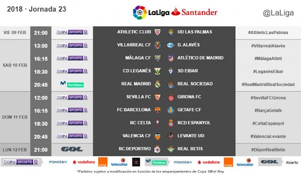 Liga Santander 2017/2018, horarios oficiales de la jornada 23