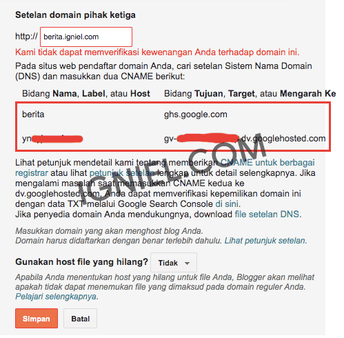 CNAME Untuk Custom Subdomain Blogger