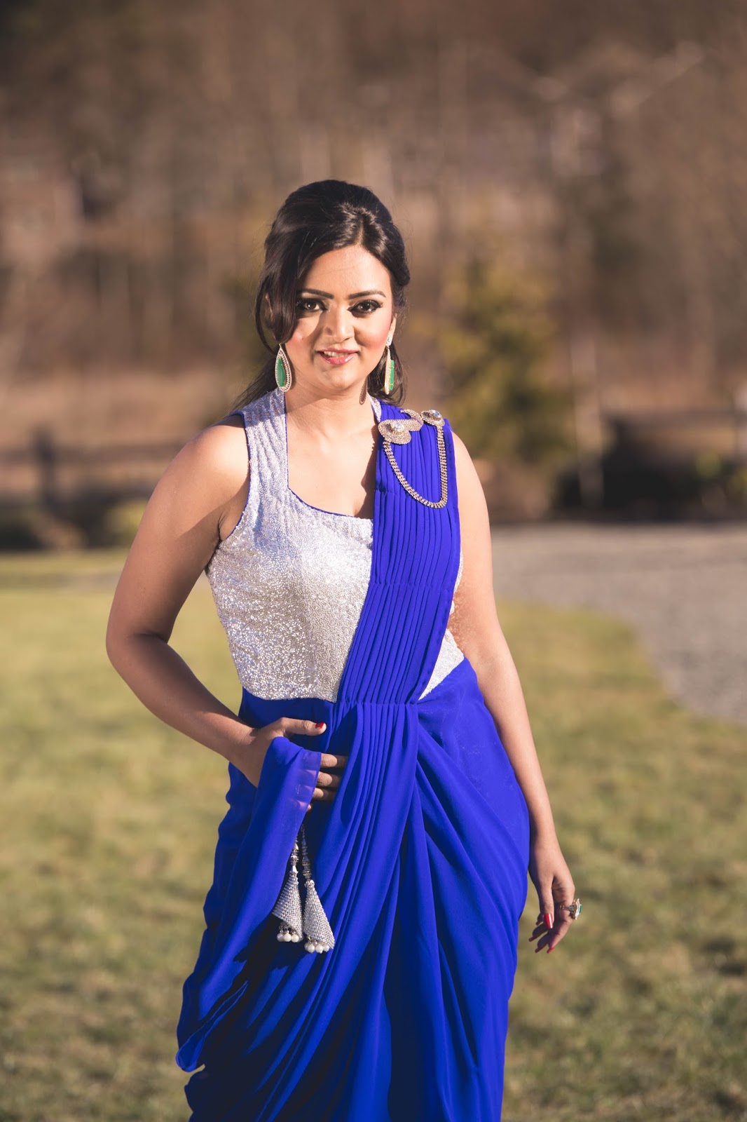saree gown, seattle boutique, ananya in a saree, beautiful indian girl in saree, indo western look, blue saree, blue gown 