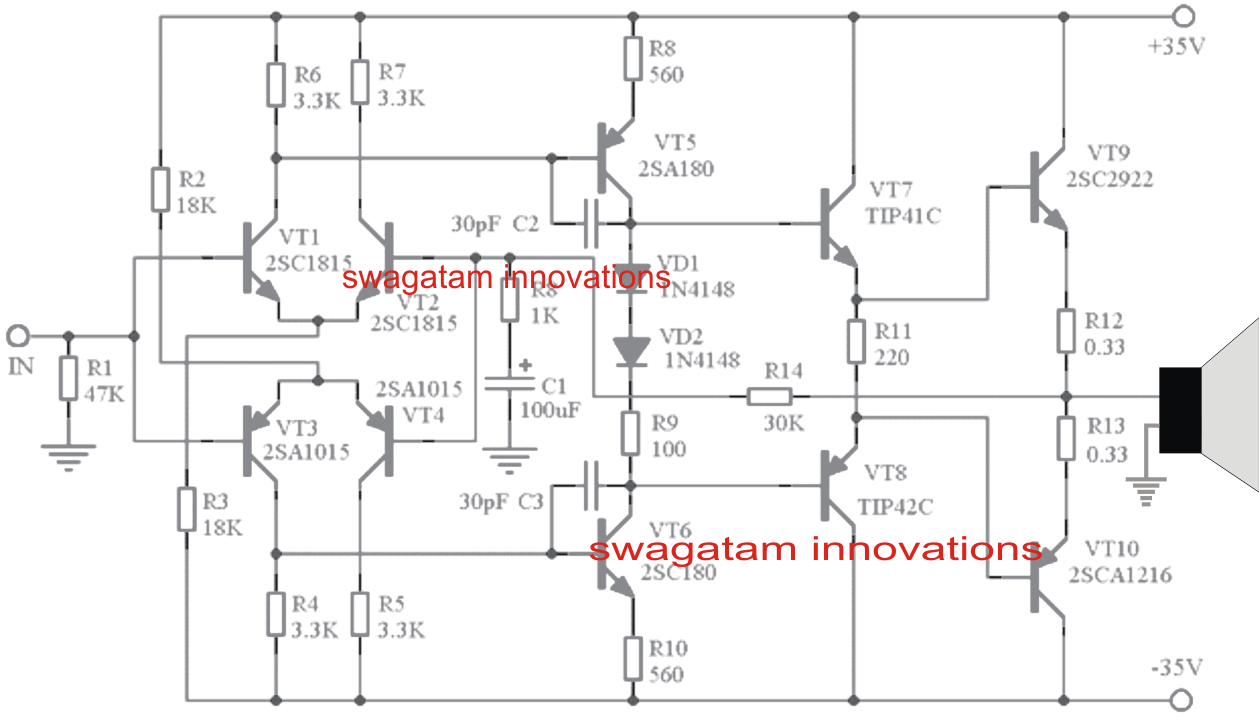 Simple 150 Watt Amplifier Circuit using Transistors