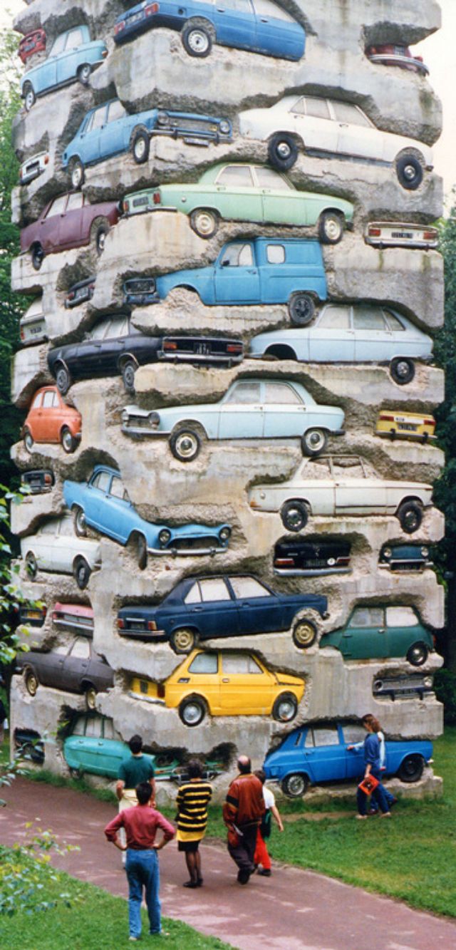 "Long Term Parking" by Arman Accumulation of 60 Automobiles in